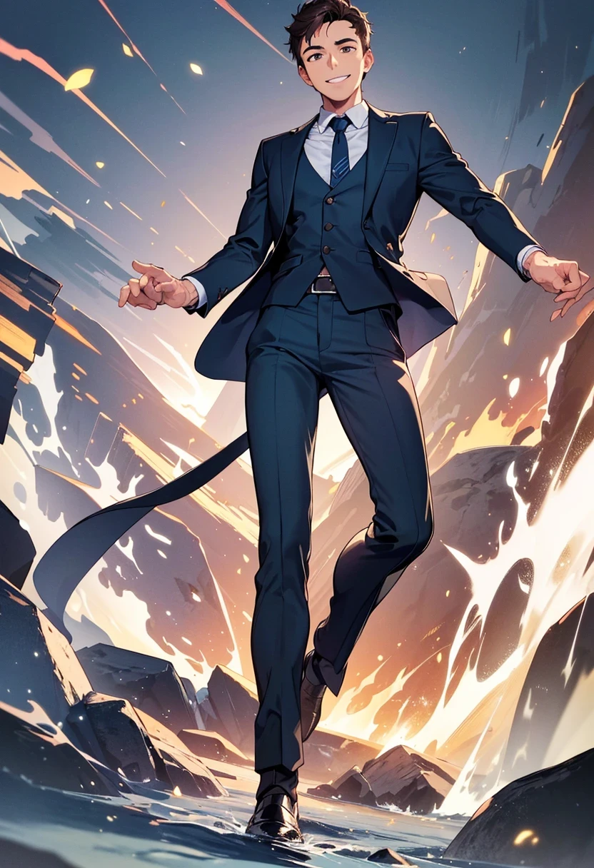 Best picture quality, highest quality, 1080p, 8K, masterpiece, first class, perfect face, attention to detail, ((1 man)(), (30 years old), full body, frontal pose, left arm raised directly across at shoulder level, pointing, dark brown hair,  side parted hairstyle,dark blue recruitment suit, dark blue trousers, grey tie, left watch on wrist, open-mouthed face, (round chin), (happy smile)