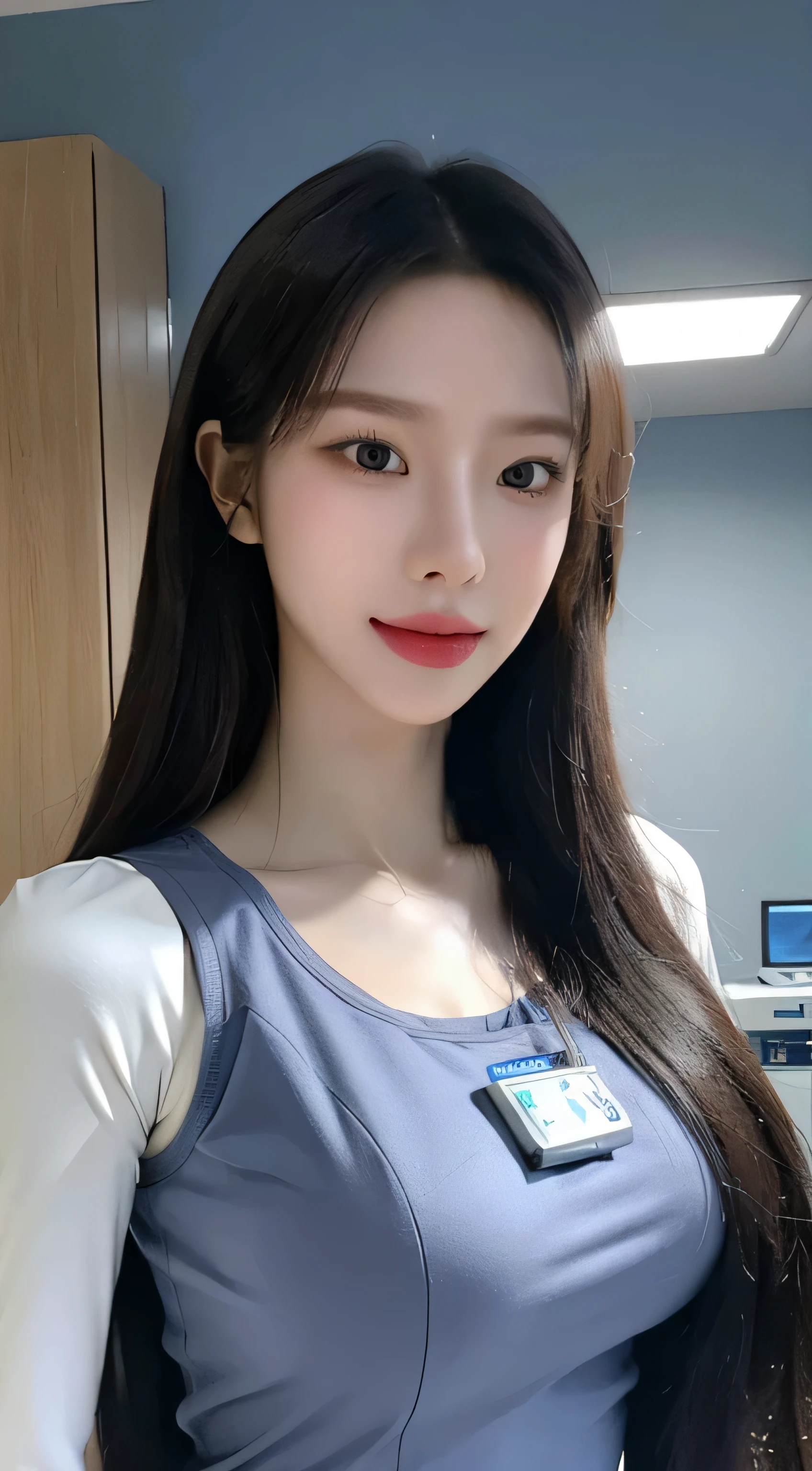 8K, RAW photos, Best quality, Masterpiece: 1.2),(best qualtiy，8K, Yes，32K，masterpiece，hyper HD：1.2) , 20 years old, Generate a highly detailed and realistic 4K description of a robot woman in a nurse’s uniform inside a hospital room, emphasizing every detail, from her attire to the surrounding environment, skinny body, perfect body, beautifull face, asian face, glowing skin, cyborg girl, deep blue eyes, nurse android robot, mechanical details, korean robot girl, robotic chest, add chest monitor, perfect blue eyes, control panels, korean android woman,perfect robot girl,long tube,thick cable connected her neck,android,robot,humanoid,cyborg,korean cyborg girl , medical-room,She is reprogramming now,hospital scene,chest monitor, android robot nurse