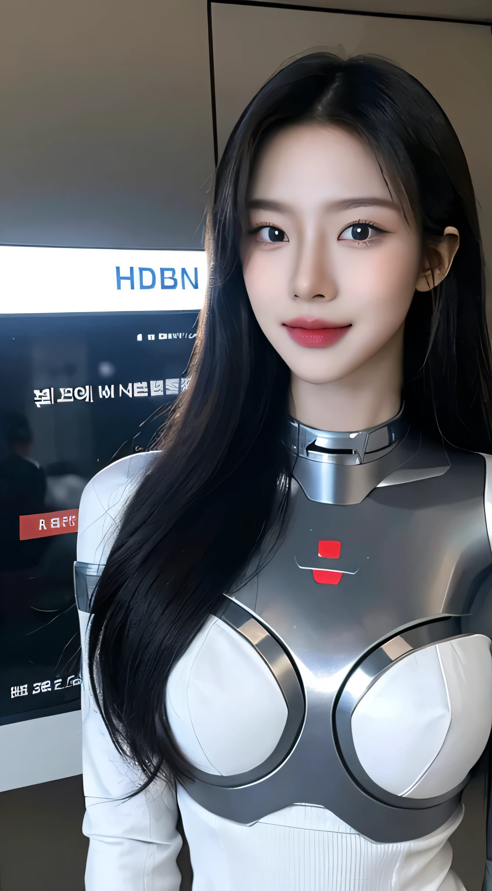 8K, RAW photos, Best quality, Masterpiece: 1.2),(best qualtiy，8K, Yes，32K，masterpiece，hyper HD：1.2) , 20 years old, Generate a highly detailed and realistic 4K description of a robot woman in a nurse’s uniform inside a hospital room, emphasizing every detail, from her attire to the surrounding environment, skinny body, perfect body, beautifull face, asian face, glowing skin, cyborg girl, deep blue eyes, nurse android robot, mechanical details, korean robot girl, robotic chest, add chest monitor, perfect blue eyes, control panels, korean android woman,perfect robot girl,long tube,thick cable connected her neck,android,robot,humanoid,cyborg,korean cyborg girl , medical-room,She is reprogramming now,hospital scene,chest monitor, android robot nurse