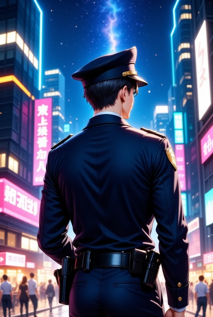 Back view of a Japanese police officer with the neon city in the background at night ,