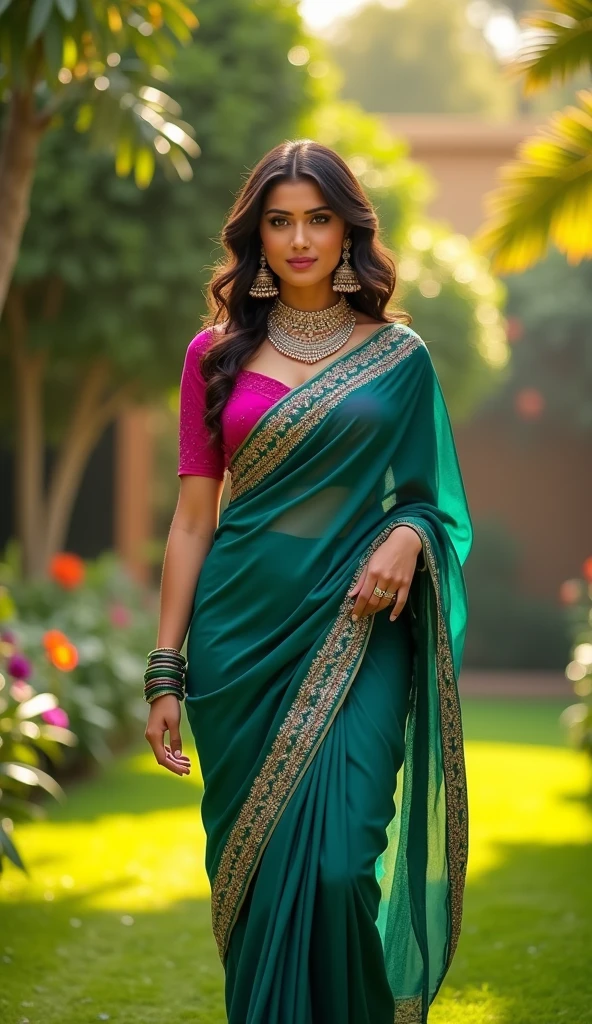Create an realistic image of a beautiful women in saree having perfect body. She should be exposing her toned belly. Her navel should be big, round and deep.
Saree draping should be six inches below the navel