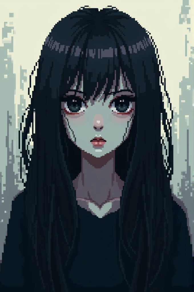 A pixel art of one with long dark hair and gray skin and black eyes