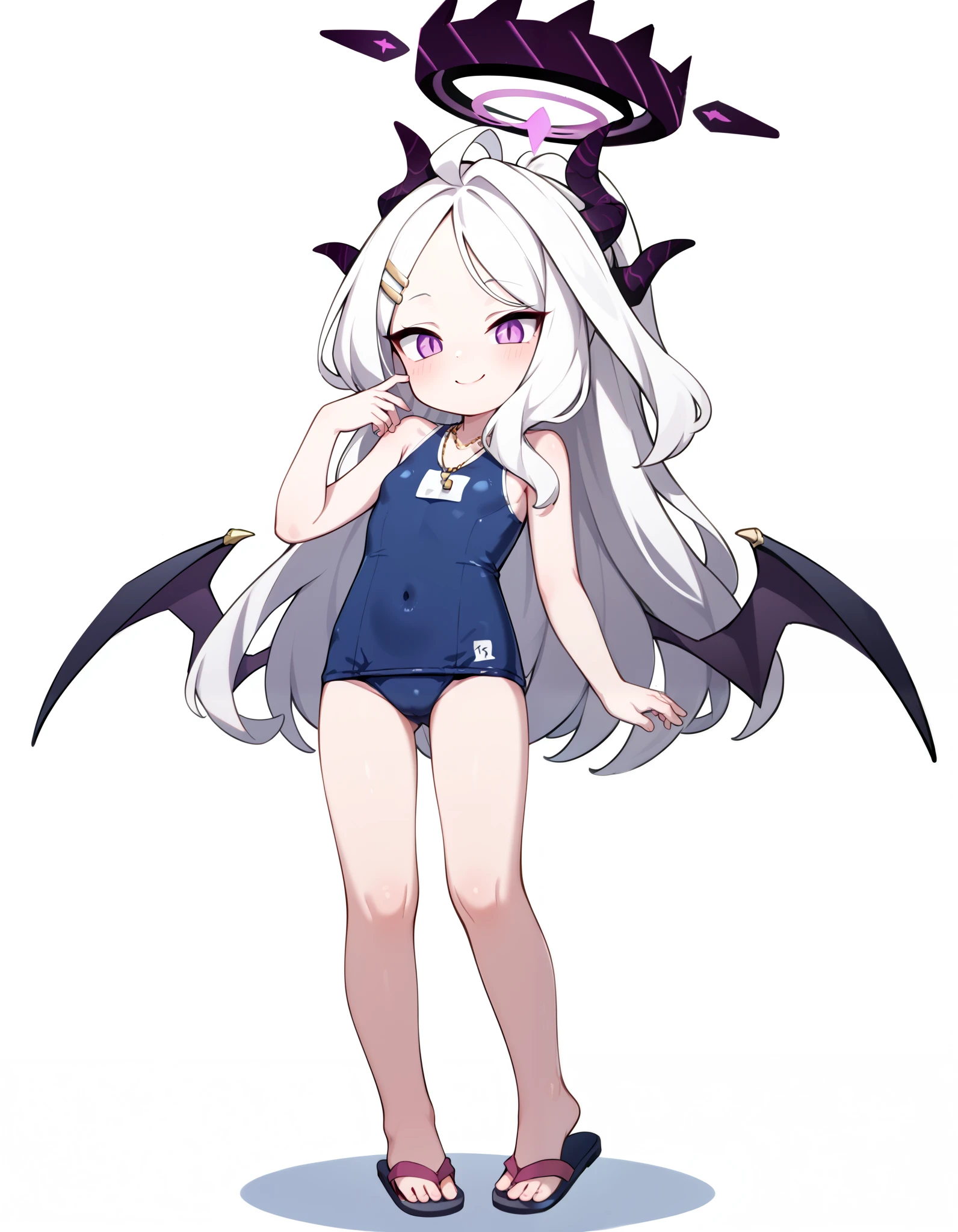 (1girl) (Solo) ((wearing swimsuit)) (blue swimsuit) (slender body) (thin body), (white hair) (purple eyes) (white skin) happy and confident expression, closed mouth. full body, long hair, (ren playing) hair clip, whistle necklace, horns, halo, shiny halo,dark demon wings, school swimsuit, short girl, long straight hair, thin legs, flat chest, flat breasts.  (happy, smile, cheerful), wearing flip flop, standing, hina, (blue archive), chibi, chibi style 