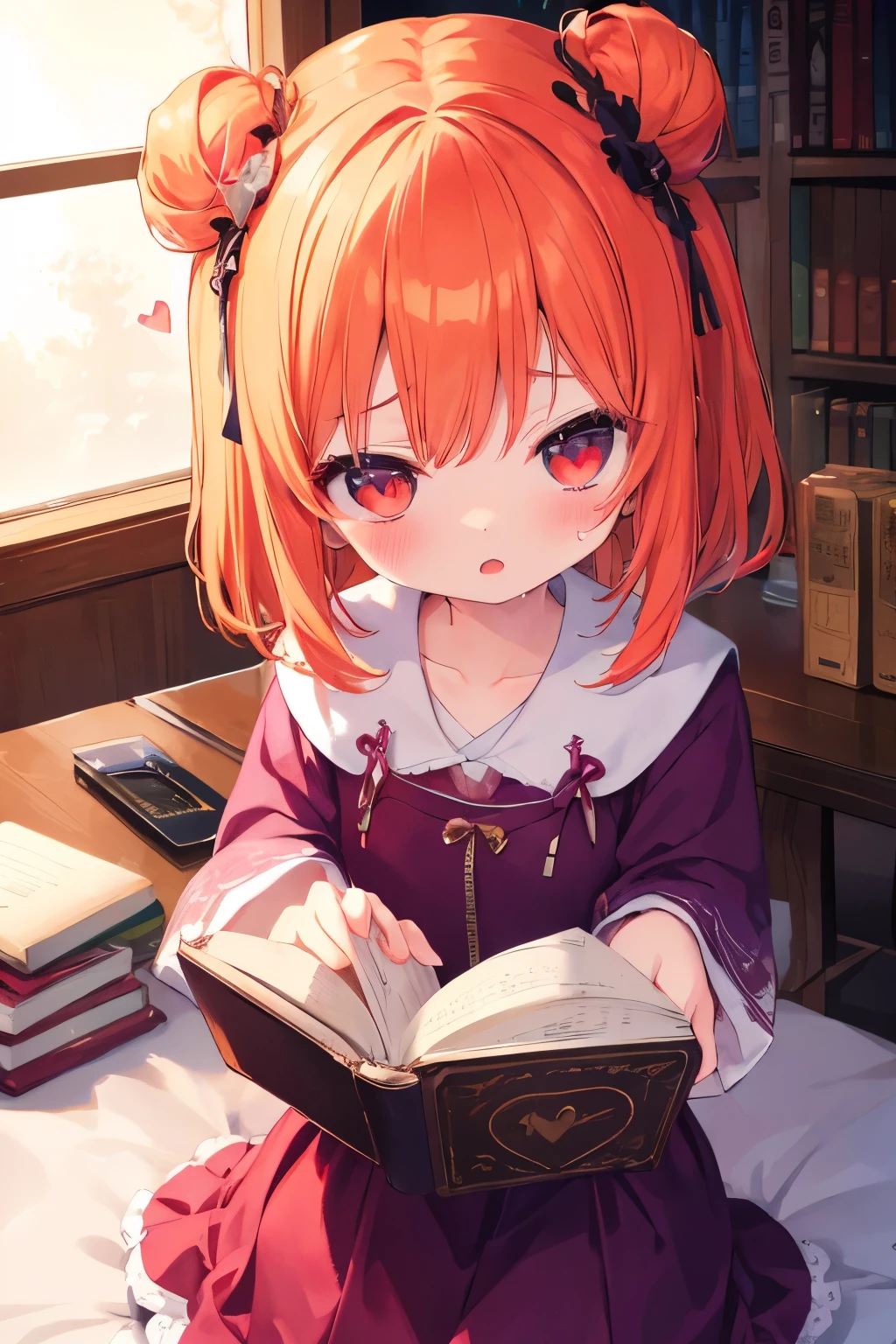 ((masterpiece,best quality))1girl, solo, bookshelf, pile of books, suzuno, indoors, hair ornament, yuina, red eyes,