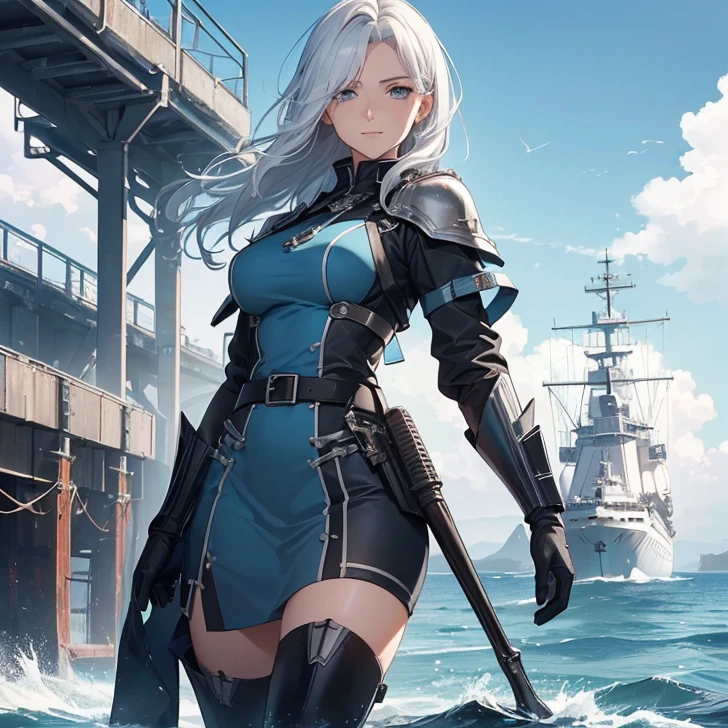 A woman wearing a dark military coat, exposed breasts, large breasts, short black skirt, long stockings, women's shoes, short silver hair, blue eyes, on a naval dock, building in the background, pleasant weather on the dock,HDR, ultra resolution, very detailed, masterpiece, ultra quality, 4K HD. (solo, just one woman)
