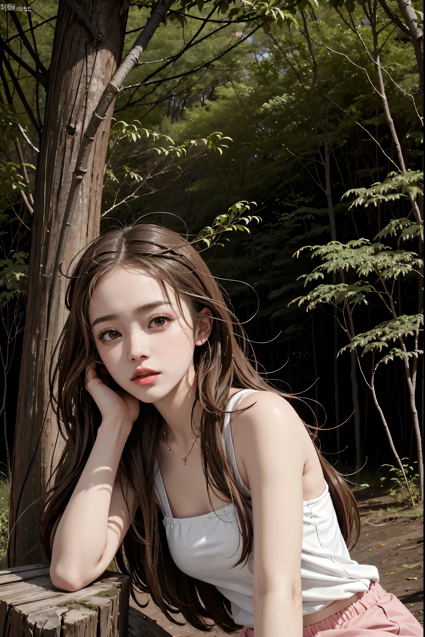    真实照片  ,       high resolution     , miss, Shining Skin,  Unique,  Jewelry,      pink lips   ,Brown hair,   Long hair，Brown hair ,     brown eyes  , residence,    white top，Red shorts， Forest Background  ， is surrounded by fireflies ，Pubworm Girl 