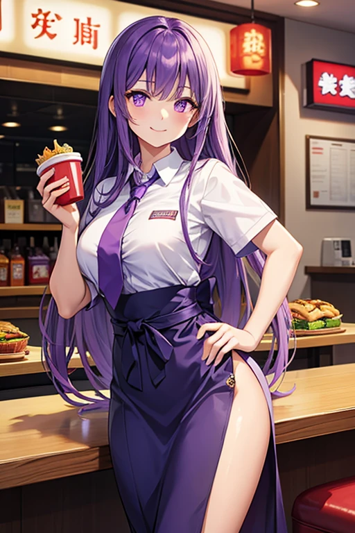 masterpiece, best quality, 1girl, solo, kirisu mafuyu, looking at viewer, annoyed, closed mouth, blush, embarrassed, large breasts, playboy bunny, rabbit ears, black pantyhose, red bowtie, wrist cuffs, black leotard, holding tray, foods, drinks, sitting, spread legs, cafe shop, restaurant, full body,