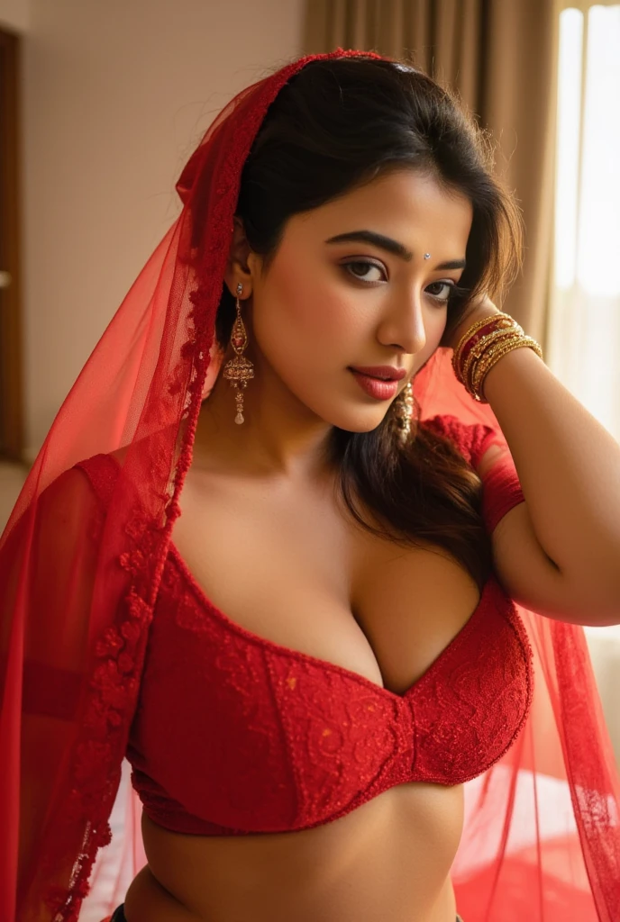 (masterpiece, best quality:1.2), ketika, 1girl, solo, stunning beauty, sexy indian, traditional dress, body facing camera, ear ring, nose ring, wearing bangles, necklace, navel ring, wearing red transparent bridal veil, nipples visible through veil, no blouse, nude, breasts visible, showing breasts, sitting on bed, beautiful lit bedroom, golden hour