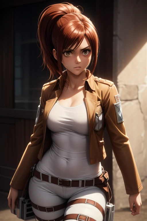 masterpiece,best quality,high resolution,8k,ultra HD,wallpaper,illustration,perfect face,cowboy shot,beautiful detailed eyes,extremely detailed face,perfect lighting,extremely detailed CG,perfect anatomy,perfect body,perfect thick,perfect hands,perfect fingers,1woman,full body,,muscle fighter body,(brown long ponytail hair),brown eyes,large breasts,Medium ass,,(brown jacket inner white Y-shirt),black hot pants,clothed,collarbone,looking at viewer,(),steam,sweat,(Attack on Titan character Sasha Braus),