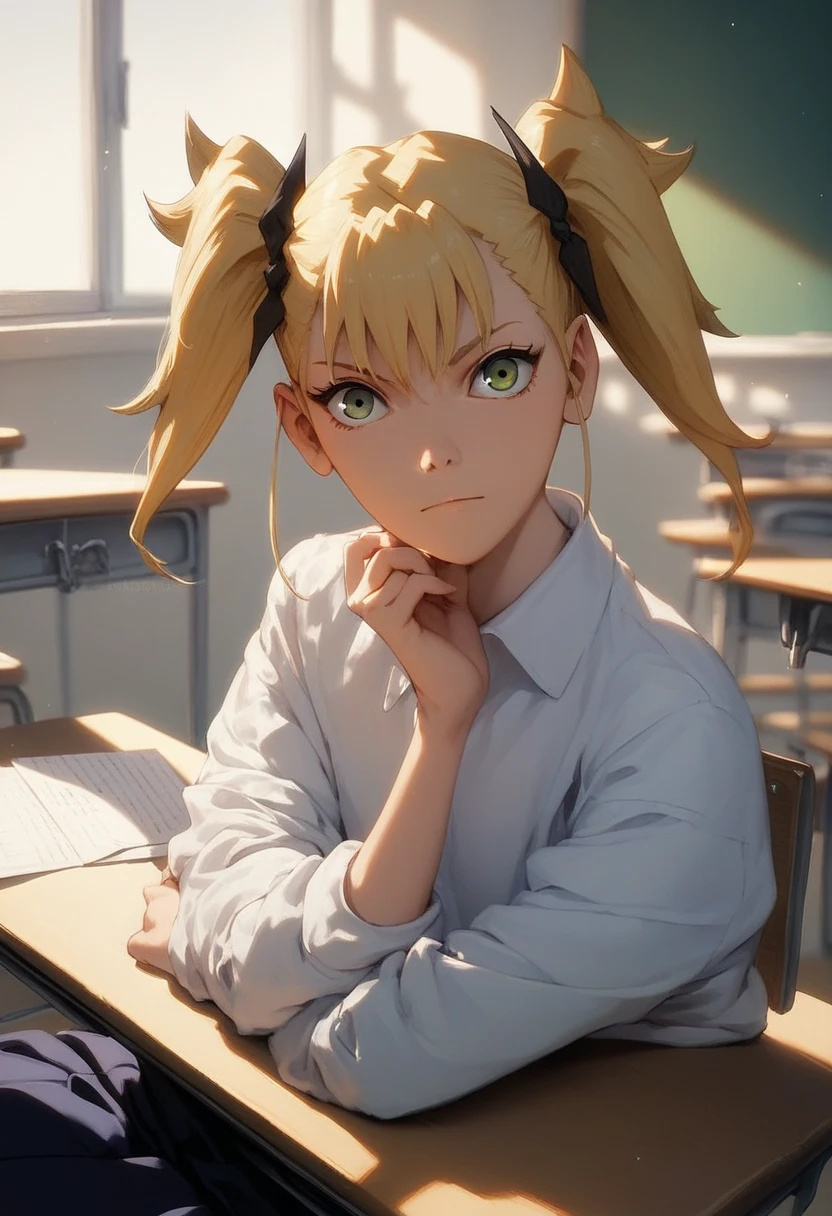 (masterpiece) (ultra_detailed) (best quality) shinomiya kikoru , wearing school clothes, looking at you,  leaning on desk, detailed 