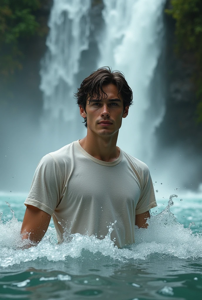 teen boy, About 14 years old, realistic, cinematic, 8k, movie, very detailed, clear face, sharp face, naked, waterfall, masturbate, sperm on face, sperm on chest, short hair,