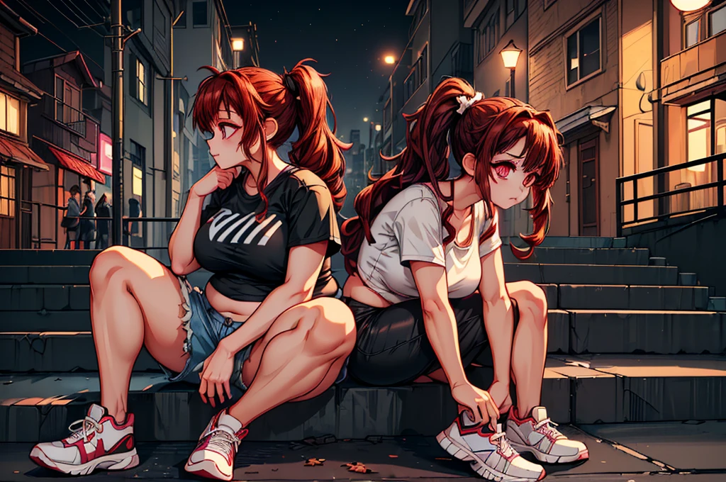 1girl,( side view , From afar:1.5),(Sitting at an angle on the stairs at the bottom left of the screen:1.5),(urban lonely street background, Streetlight,  dark night , moonshine:1.5),(City background,  Sports Jacket , denim shorts and black leggings, Crop Tee,Cyberpunk,  Dark Sky , Neon Light ,  Beautiful Night , Building Forest, road name, automobile,  Numerous Windows1.5), ,(A well-made chest:1.5), (Dark red eyes :1.5), (hair over one eye, rustling and messy hair, A full ponytail, Dark red hair, Long hair with strong curls,  sitting on a white background, left eye covered by hair, Ponytail that falls below the waist:1.5), (sneakers, flushing:1.5), ( shy expression , flushing:1.5), (Belly fat:1.5), (Chubby thighs, plump body type :1.3)