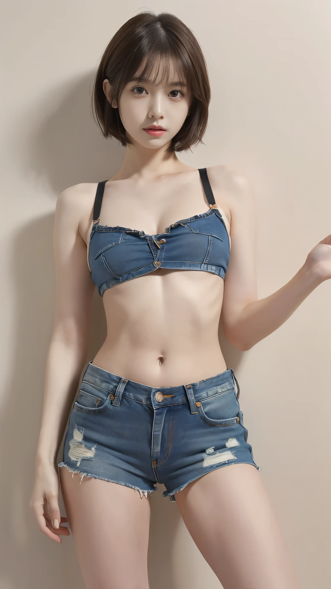 Low-rise bottom denim reminiscent of 2000s fashion、With a sense of rigidity、Put out the navel in full style、Wear vintage-style high-wash denim all over your body、Slimed、A slender、Model body type、small tits、Very small bust、flat breast、Japan female model with a height of 170 cm