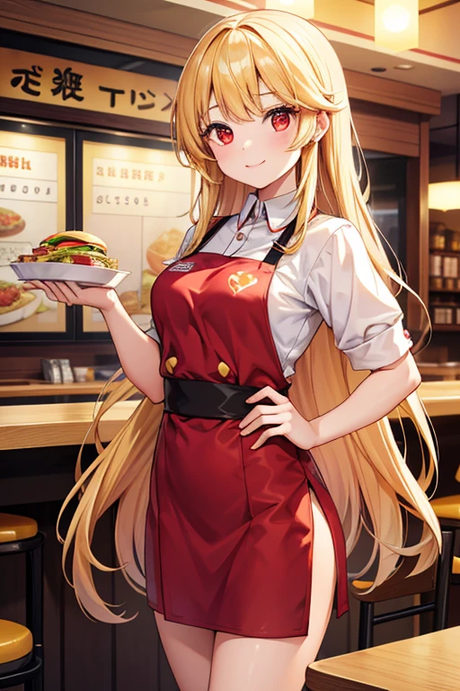  1 beautiful girl with pieces 　Shows up to the waist　 short stature 　Baby Face　 long golden hair　 princess cut　Red eyes　Bright smile　fast food restaurant clerk 　黄色と白のfast food restaurant clerk の服