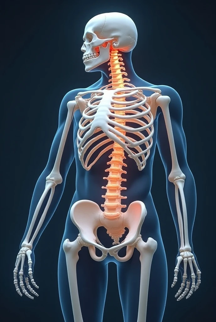 “Generates an image of a female skeleton from behind, showing major bones such as spine, pelvis and ribs. The skeleton should be white or light grey on a light green or pastel blue background.. Highlight the spine and pelvis with a soft color like light blue.. Add the text 'FeminaBior': Strengthen your bone health' near skeleton in elegant font.”
