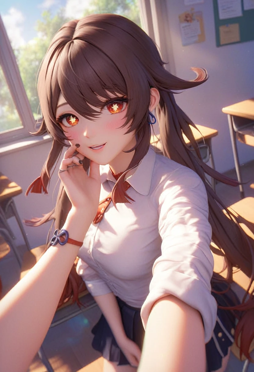 (best quality) (masterpiece) (ultra_detailed) Hu tao, slim, fit, cute, school clothes..  , pov, , in school, 4k, 5k, beautiful, gentle, anime style, anime , at you, school desk, lean on desk, detailed, sunlight through the window, perfect, genshin impact