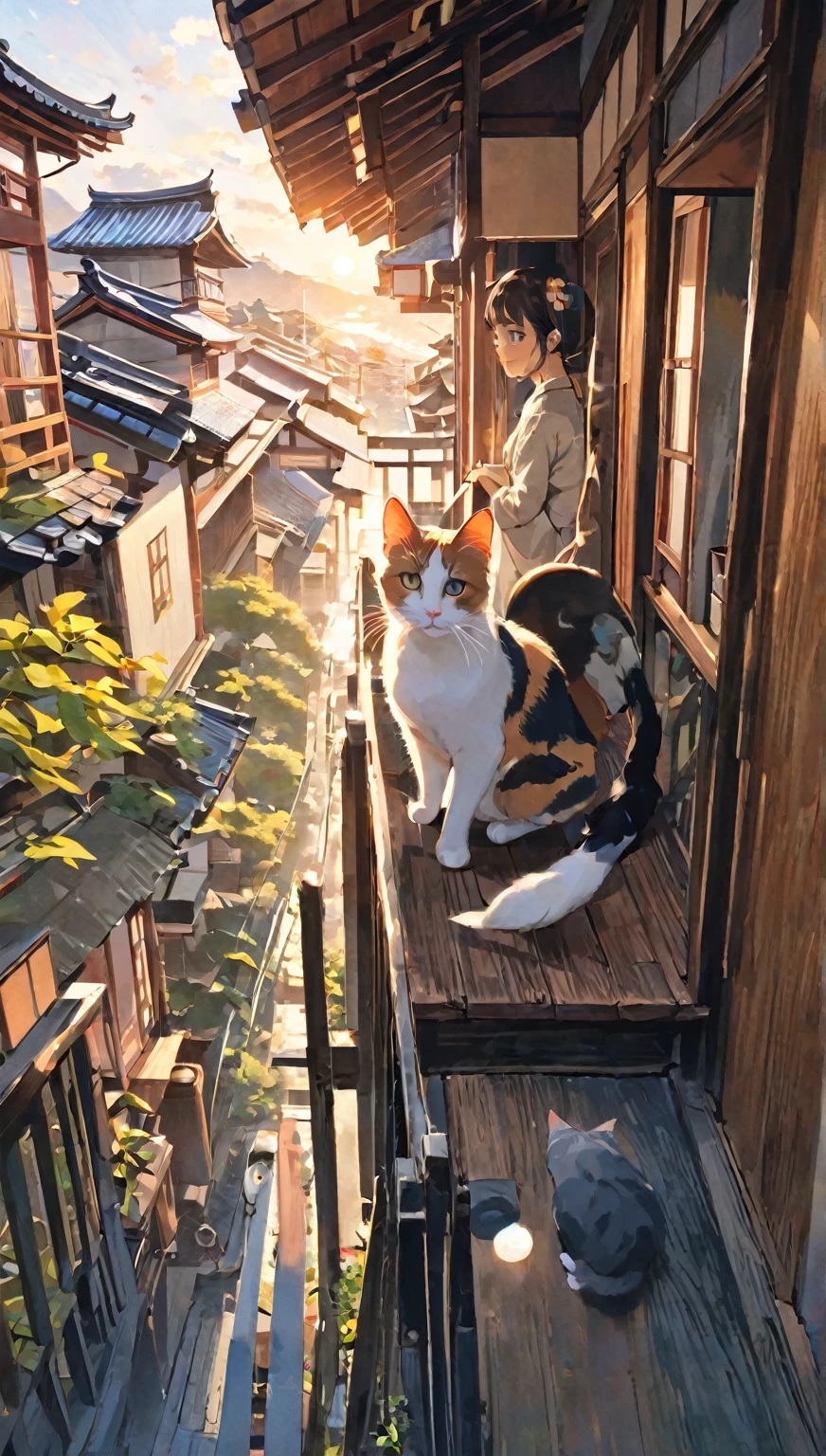 masterpiece、Light color、perfect anatomy、 accurate human body depiction、 one woman、With a girl🐱、夕暮れのEavesに座っているWith a girl猫、Calico cat and girl 、Eaves、Japanese Housing、Balcony、Balconyに座っている、Round Cat、Sunbathing、Best Quality、 ultra high resolution、８ｋ、１６Age Girl