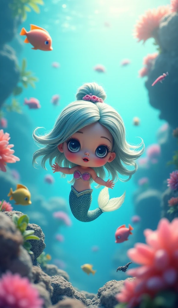 Hello Kitty sirena chibi, long pink and purple hair . Lisa Frank art style