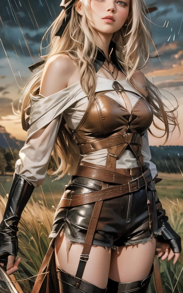 Close-up of a woman with long, wavy white hair. She has beautiful turquoise eyes. The woman wears a brown leather dress with slits on the sides, black leather shorts and black leather boots. She has a fearless and kind/delicate face, with slightly pouty lips. The girl is standing in a meadow at sunset, on a rainy day. She has a bow and arrow on her back. In the background you can see the silhouettes of three people: two men and a woman. The style of the image is a mix of illustration and anime.