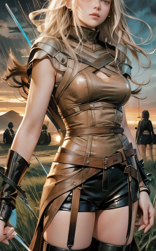 Close-up of a woman with long, wavy white hair. She has beautiful turquoise eyes. The woman wears a brown leather dress with slits on the sides, black leather shorts and black leather boots. She has a fearless and kind/delicate face, with slightly pouty lips. The girl is standing in a meadow at sunset, on a rainy day. She has a bow and arrow on her back. In the background you can see the silhouettes of three people: two men and a woman. The style of the image is a mix of illustration and anime.