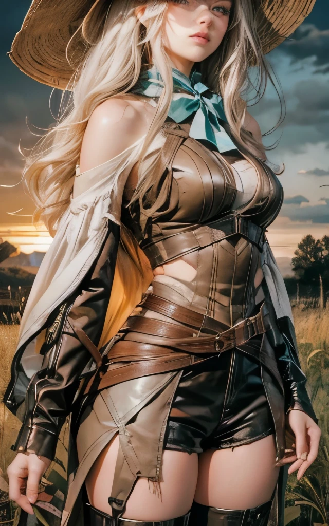 Close-up of a woman with long, wavy white hair. She has beautiful turquoise eyes. The woman wears a brown leather dress with slits on the sides, black leather shorts and black leather boots. She has a fearless and kind/delicate face, with slightly pouty lips. The girl is standing in a meadow at sunset, on a rainy day. She has a bow and arrow on her back. In the background you can see the silhouettes of three people: two men and a woman. The style of the image is a mix of illustration and anime.