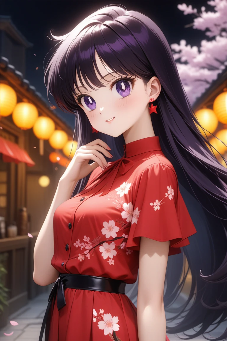 colorful, (masterpiece, best quality, very aesthetic , ultra detailed), intriguing details , 4K, long hair, black hair, hair combed to the side, earrings, purple eyes, small breast, 1girl, usagi's birthday, cute red dress, white cherry blossoms printed, smile,  detailed background, intricate details, black night, Various sexy poses、Depicts the whole body