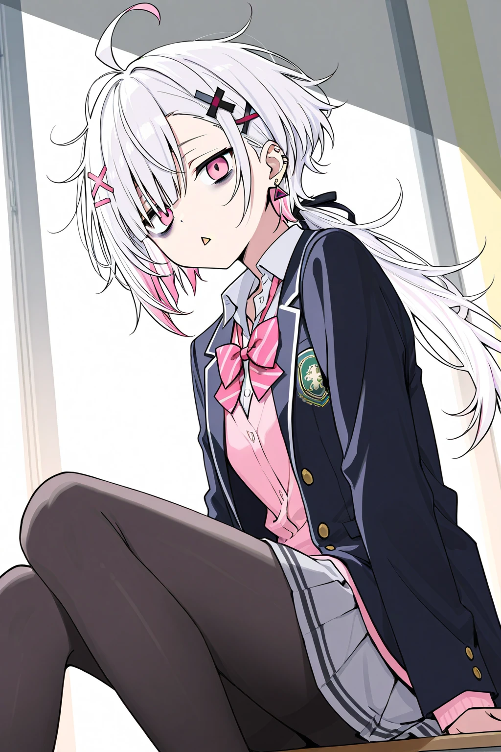  high image quality
 1 high school girl,  Pink Eyes、White Hair、 shortcut,   low ponytail 、   earrings for one woman,  Ahoge,   asymmetrical bangs ,  x-shaped hair ornament,   dark circles under eyes、 Black Pantyhose 、vigil、The background is white、front、Messy Hair、triangle mouth 、 school uniform、 dazed state 、solo, Lonfer、Simple eyes、