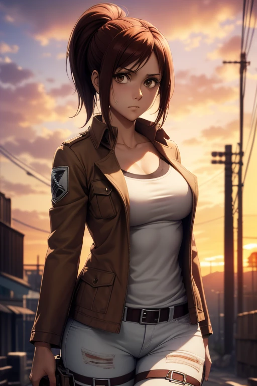 masterpiece,best quality,high resolution,8k,ultra HD,wallpaper,illustration,perfect face,cowboy shot,beautiful detailed eyes,extremely detailed face,perfect lighting,extremely detailed CG,perfect anatomy,perfect body,perfect thick,perfect hands,perfect fingers,1woman,full body,,muscle fighter body,(brown long ponytail hair),brown eyes,large breasts,Medium ass,,(brown jacket inner white Y-shirt),black hot pants,clothed,collarbone,looking at viewer,(),steam,sweat,(Attack on Titan character Sasha Braus),