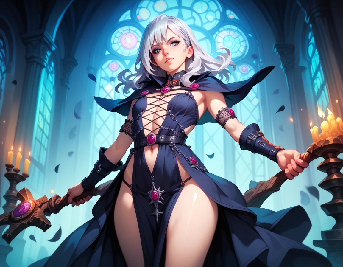 masterpiece, hyperrealistic, best quality, full body image, combat stance, (ultimecia from ffviii), horns, facial markings, white hair, time sorceress ultimecia's dress, purple magical energy around her