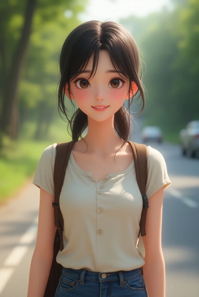 Sam Japanese girl 3d model hyperrealistic with beautiful face age 24 years . Taking selfie in the park

