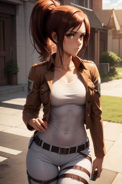 masterpiece,best quality,high resolution,8k,ultra HD,wallpaper,illustration,perfect face,cowboy shot,beautiful detailed eyes,extremely detailed face,perfect lighting,extremely detailed CG,perfect anatomy,perfect body,perfect thick,perfect hands,perfect fingers,1woman,full body,,muscle fighter body,(brown long ponytail hair),brown eyes,large breasts,Medium ass,,(brown jacket inner white Y-shirt),black hot pants,clothed,collarbone,looking at viewer,(),steam,sweat,(Attack on Titan character Sasha Braus),