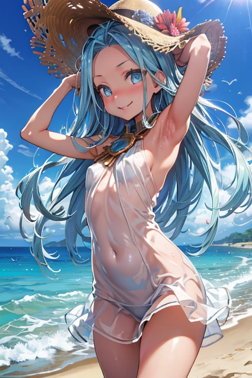 dynamic pose, (arms raised in the air),　 (jamping:1.2),

 bewitching pose, heavy breathing, Fog, (sweat skin), sweat, ( stuffy armpits:1.2),
(glossy vagina),
 blush, smile, open your mouth ,
lyria, ahoge, blue eyes, very long hair, Perfect Fingers, one girl,small, Slim,  (flat chest), (Shiny blue hair:1.2), long hair, (forehead:1.4),
 Big blue shining eyes, ((Best Quality)), ((masterpiece)),( Details), Hi-Res,Sharp focus, perfect face, beautiful eyes,{best illustration},(非常に Details CG unity 8k wallpaper),
((( vibrant colors))),(complete anatomy), (((shiny 肌,very shiny 肌, shiny body ,plastic glitter 肌,exaggerated shiny 肌,illuminated skin))),
Wet transparent white dress,

Cumulonimbus,Surrounded by water, reflection,Breathtakingly beautiful clouds,Light, Strong Sunlight, cinematic light . wind is blowing,Vast ocean,Wooden pier,
White sand beach,Coconut Tree,Sparkling Splashes,Shallow sea,plant, beach chair,boat, Strong Sunlight,A large wooden ship launched on the beach,
