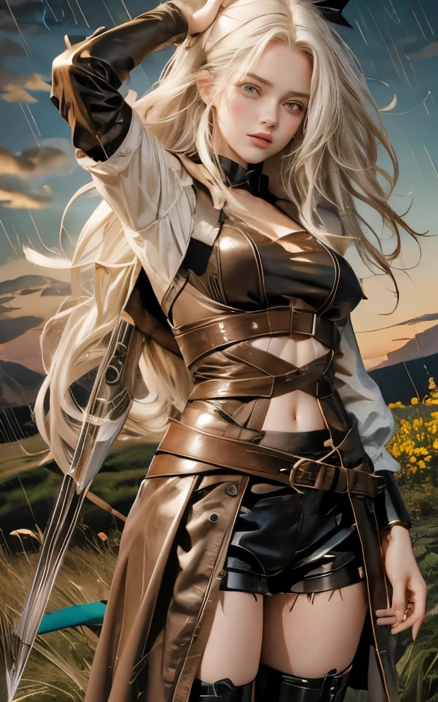 Close-up of a woman with long, wavy white hair. She has beautiful turquoise eyes. The woman wears a brown leather dress with slits on the sides, black leather shorts and black leather boots. She has a fearless and kind/delicate face, with slightly pouty lips. The girl is standing in a meadow at sunset, on a rainy day. She has a bow and arrow on her back. In the background you can see the silhouettes of three people: two men and a woman. The style of the image is a mix of illustration and anime. Cabelos brancos. O cabelo dela é branco. O CABELOS DELA É BRANCO. O CABELO TEM QUE SER BRANCO. 