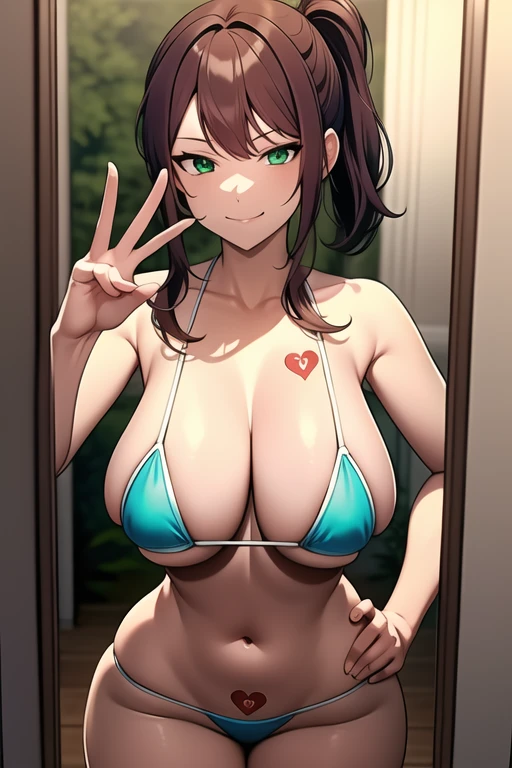 forest_Kaede with the Queen of Hearts symbol tattoo, A seductive gaze,Smile, ponytails, brown hair,green eyes,Mature_woman,Mature Woman, Mirror Selfies , mirror,  white micro bikini,  hand on hip,full_body 