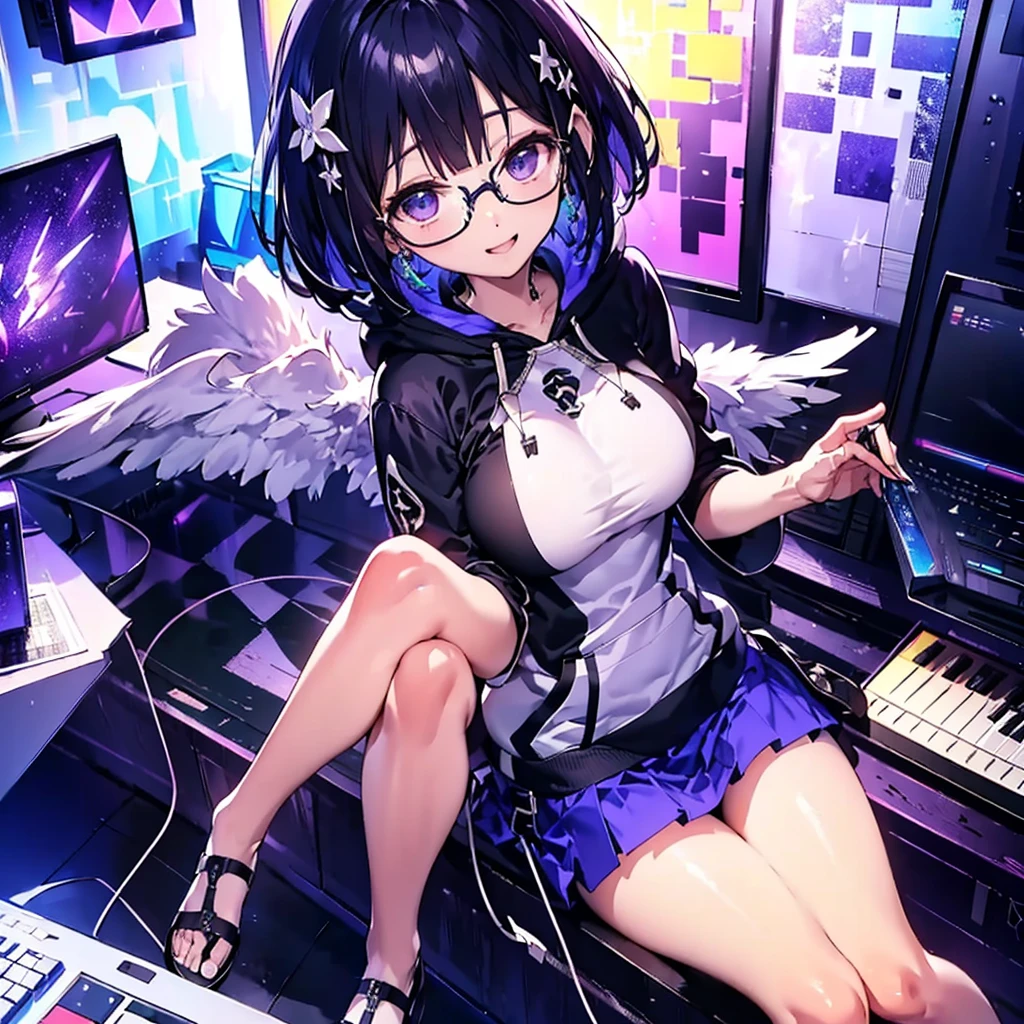 solo1.5、 High Quality、Bird's-eye view from above composition 1 .7、Seiko no Hand 1 .5、Purple-black bob cut 、 sitting on the purple cube in front of the monitor 、 black hoodie and purple mini skirt 1 .6、 1 with a silver light cube floating on the right hand.7、voluptuous0.6、Angel Girl Sandalphone 1 .8、Confident smile without opening her mouth1 .1、black rimmed glasses 1.4、