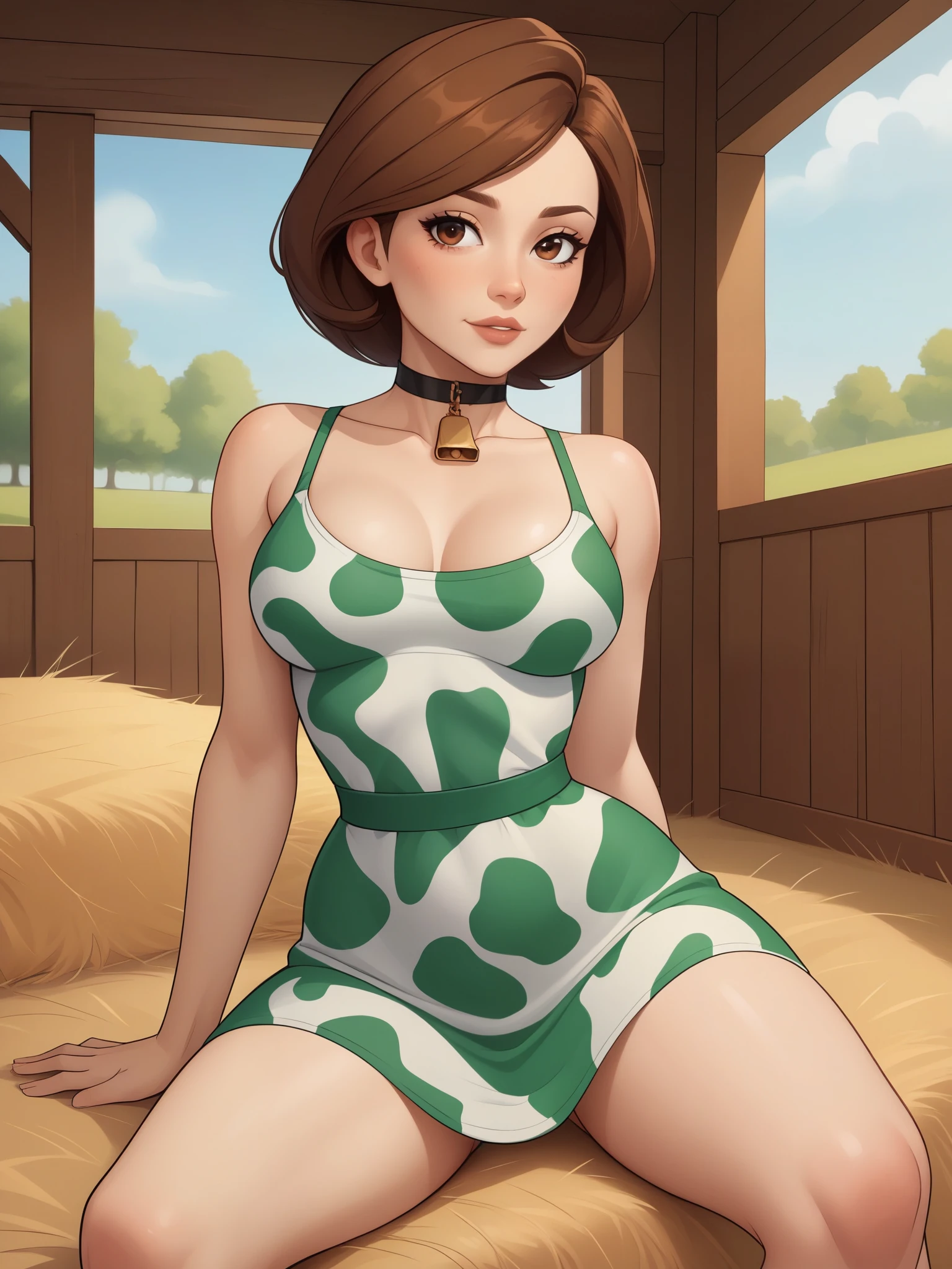 account_9, account_8_ex, account_7_ex, account_6_ex, account_5_ex, account_4_ex. Helen Parr. narrow waist. small saggy breasts. huge hips and buttocks. brown hair. brown eyes. the middle square. choker. swimsuit. cow dress. farm. bales of hay. sitting