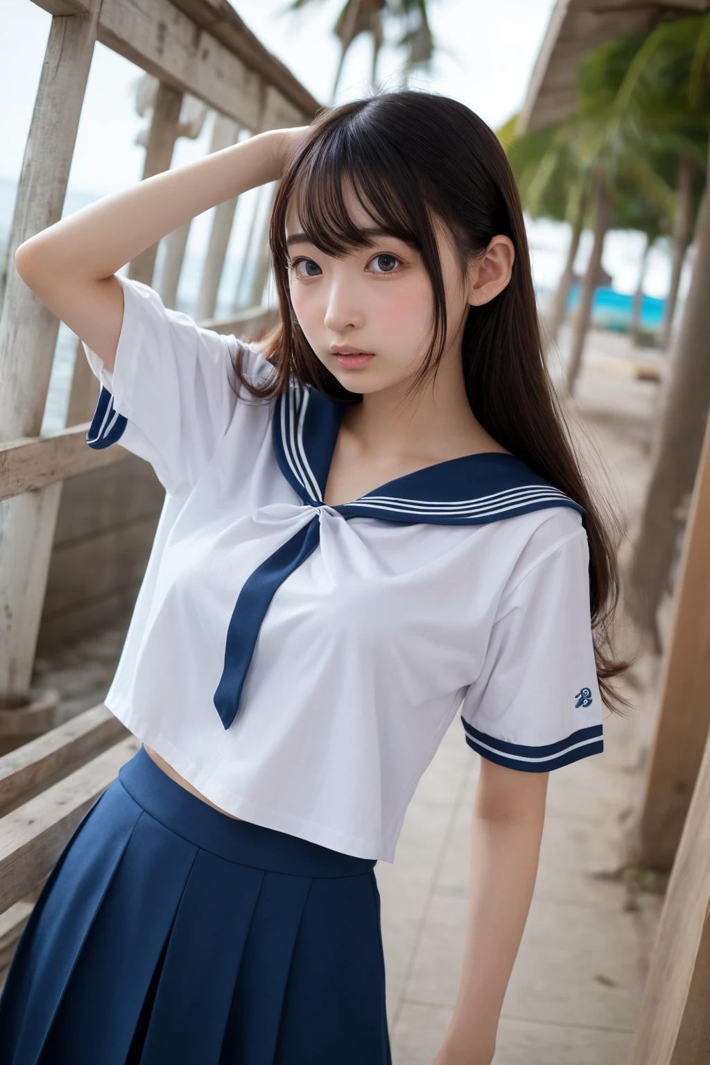  Play,Best Quality, ultra high resolution,1 person,whole body,  black hair ,  cool look,  camera , Beautiful and exquisite face ,Beautiful Skin, skin texture,( sailor suit,Thin eyebrows毛、 big chest), Standing Pose , is embarrassing,Perfect Fingers,solo、18 years old、 random hairstyle、 beach 、Thin eyebrows、 troubled expression、Lift the hem of the skirt to show off the pants、