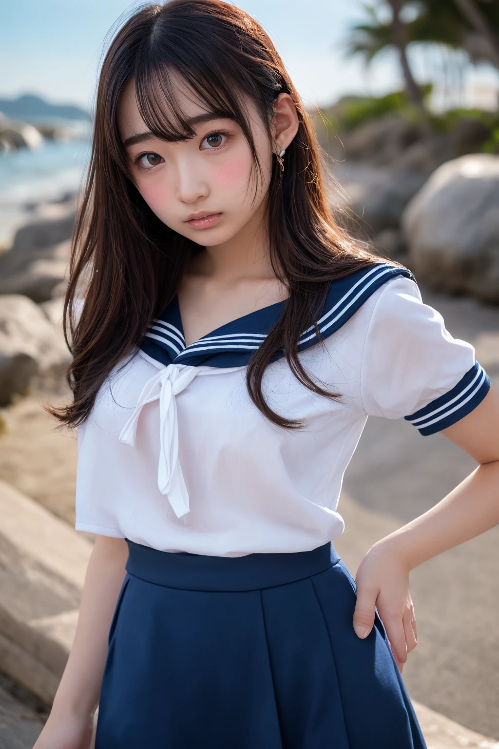  Play,Best Quality, ultra high resolution,1 person,whole body,  black hair ,  cool look,  camera , Beautiful and exquisite face ,Beautiful Skin, skin texture,( sailor suit,Thin eyebrows毛、 big chest), Standing Pose , is embarrassing,Perfect Fingers,solo、18 years old、 random hairstyle、 beach 、Thin eyebrows、 troubled expression、Lift the hem of the skirt to show off the pants、