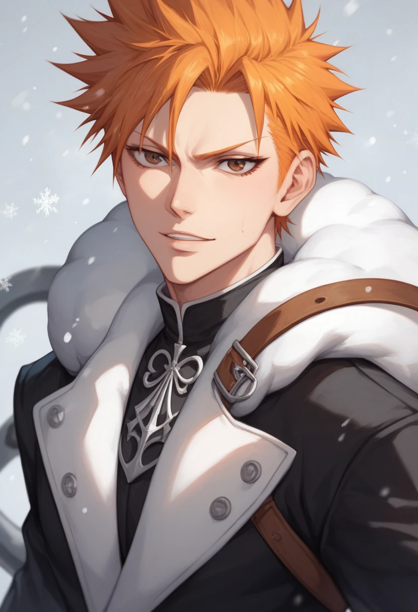 ichigo kurosaki from bleach, Orange hair, brown eyes,Skin Peach,Soul Reaper Form: Wears standard Soul Reaper clothes and a brown belt to hold his Zanpakuto Steathe, black dress, with black sword, in bankai form,It's winter weather, it's snowing, the winds are blowing, there's light everywhere, in the background