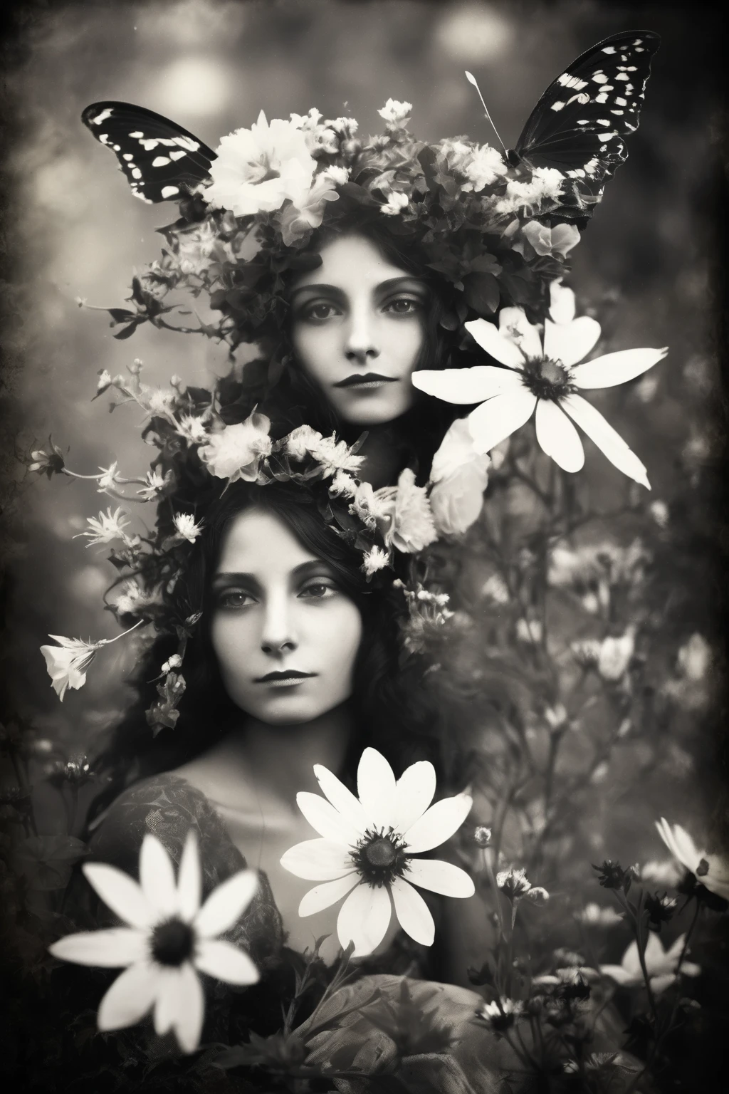 oniric old photo ,fairy black and white with old flowers 