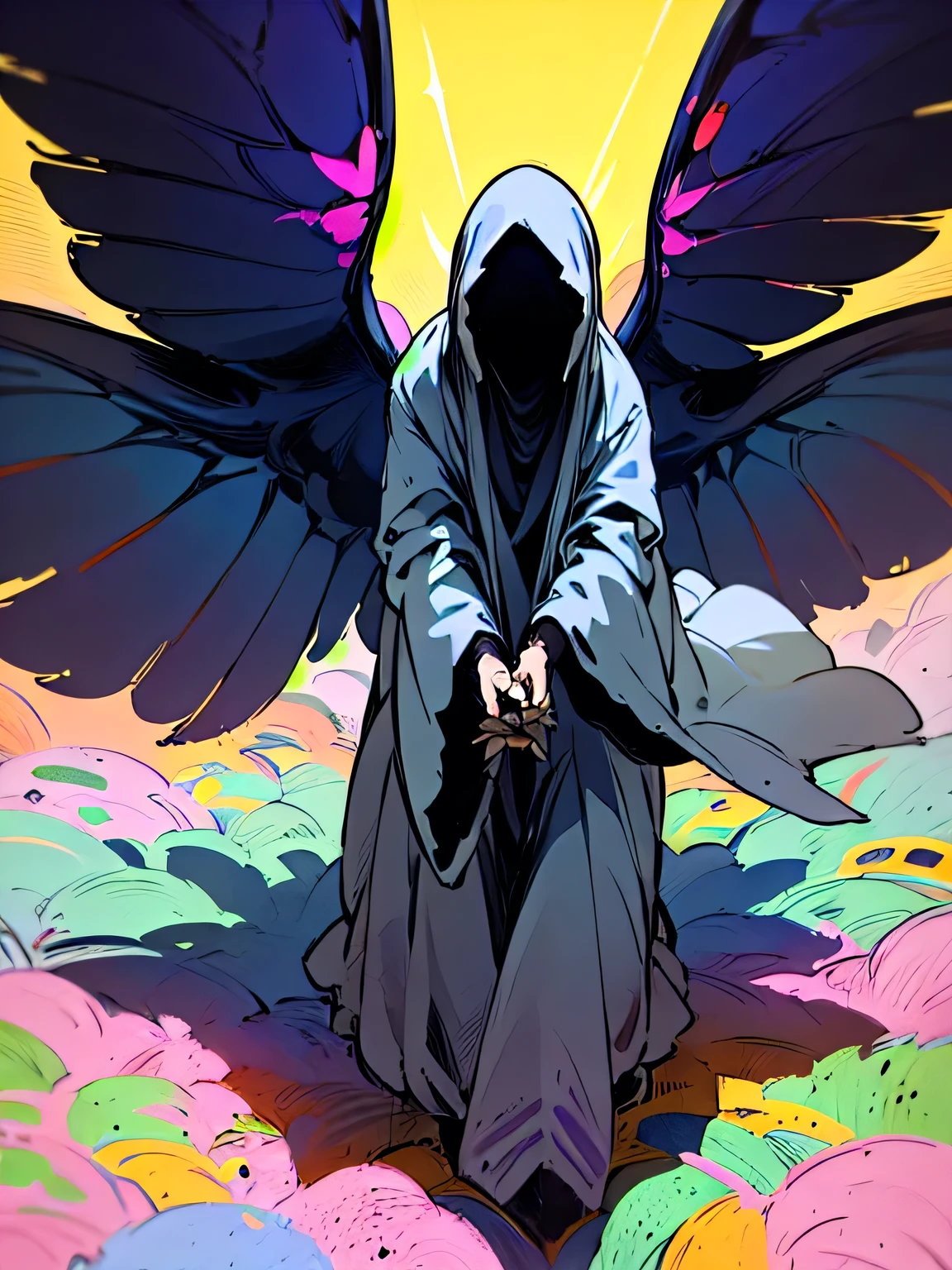 (from above),Alone,(leaning forward:1.3),(take off:1.3 flying), come towards,looking at viewer,close up face,missing link,(Nazgul:1.3),gray robe,fruits、butterfly wings,Small continent 、big tree、 I am the protagonist、 protomedusa、Snakes get tangled 、ghost。(manga style),(sketch),(illustration),