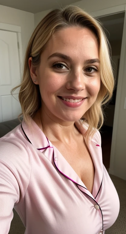 Selfie Full shot pic of mature,sexy blonde, sexy milf, chubby, cute smiling  face, 45yo, wearing pink pajama in home ,(cinematic:1.3), intricate details, (ArtStation:1.2),detailed face, 4k, UHD,beautiful eyes, realistic skin texture,hairs tied up, 
