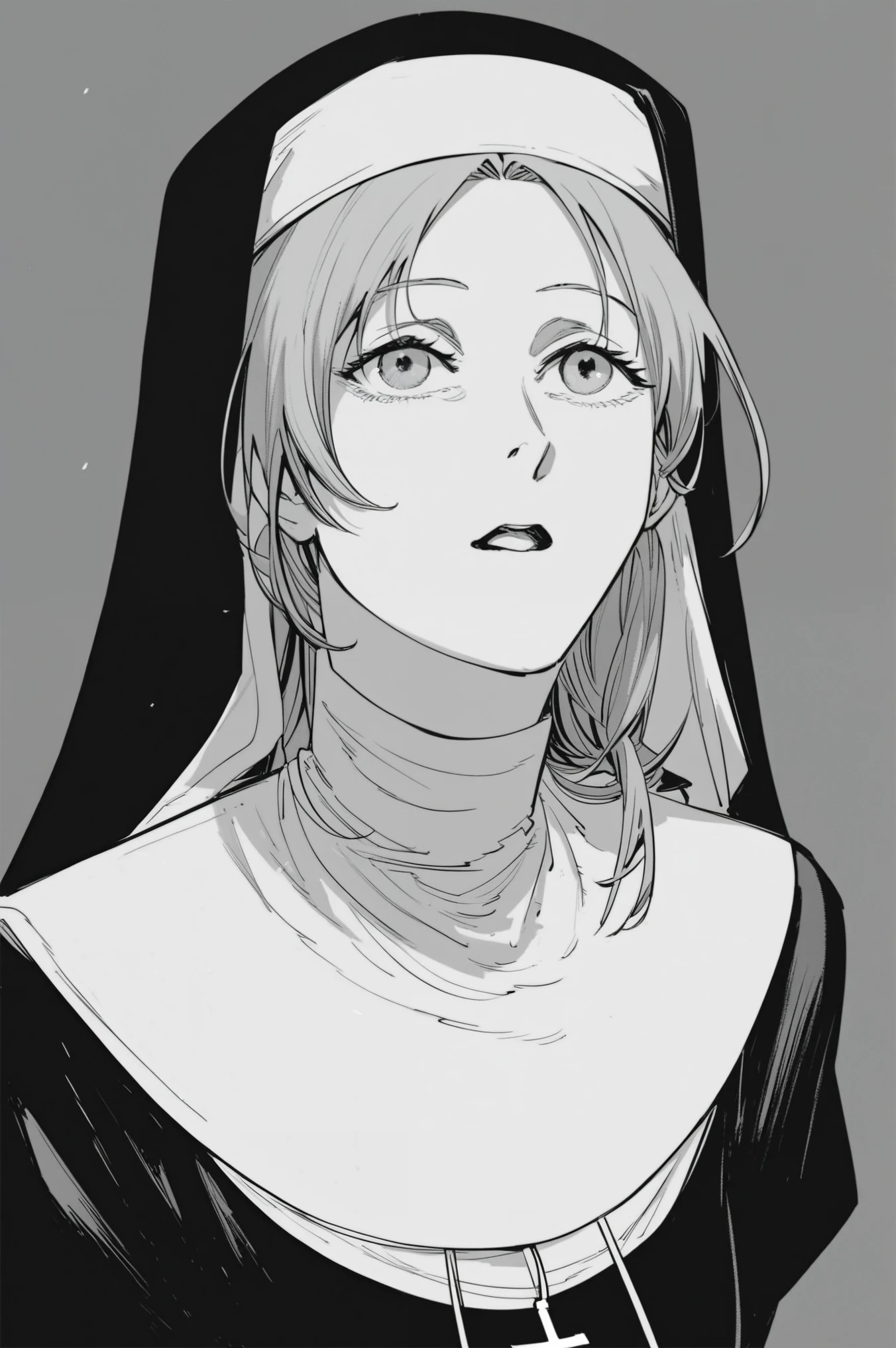 score_9, score_8_up, score_7_up, score_6_up, masterpiece, best quality, greyscale, 1girl, manga art, extremely detailed, highly detailed, manga art, crosshatch shading, slender, petite, nun outfit, head dress, nun's habit, light hair, parted bangs, looking up, dark clothes, directional hatching shading, crosshatching