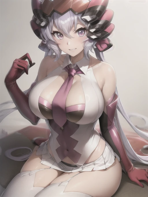 ( extremely detailed CG), (Best Quality),  perfect face, shiny skin,  shiny skin, wide hips,    1 girl,Solo Yukinecris, light purple hair, very long hair,low  twin tails,Big breasted hoge,  purple eyes,  twin tails,  white shirt,  pleated skirt sleeveless,  Playful Smiles ,  sitting,, red tie ,   Viewers,  whole body,Chest appeal、