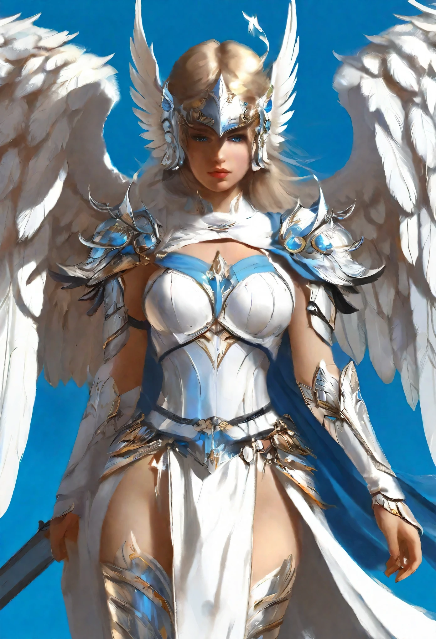 1 female angel，White cape showing at waist_wings armor feathers_Long wing feathers_Hair Shoulders Armor Shoulders_Single piece of armor_Upper wing separation_The body is white_Theme blue_wings wings leg armor