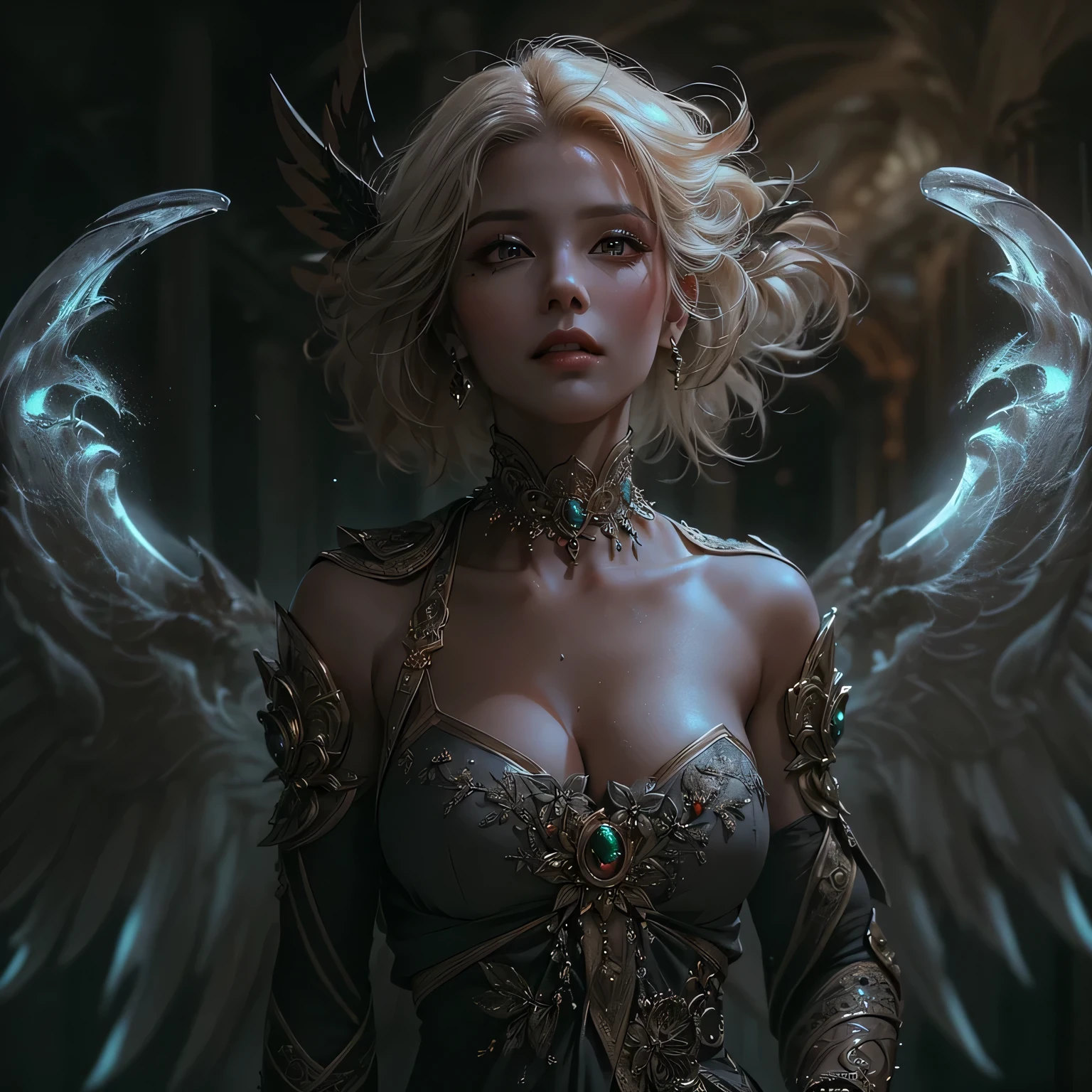 Lucy Piddle, Underground dark gothic palace,Jelly gelatin hollow chest patch,Marble statue of,the angel's wings,platinum ponytail,Masterpiece Sams,shocked expression,indoor movie lighting,slender posture,Slender marble leopard pattern covers the whole body,JK clothing,Kazlan’s pretty face,Rococo art