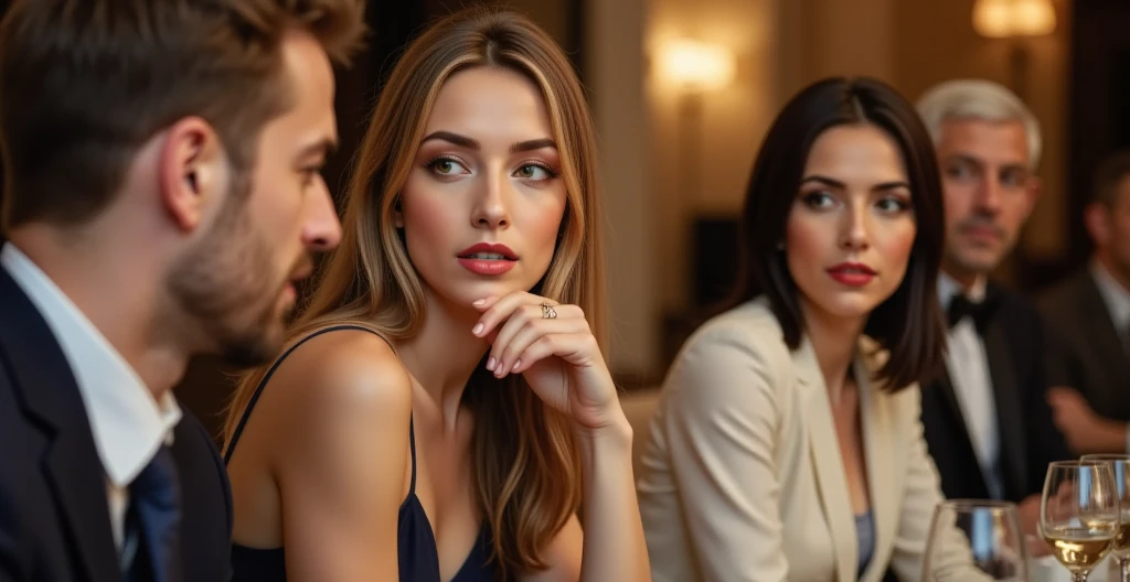 In the midst of a lively company dinner, Gaia 35 years old finds herself seated at a long, elegantly set table, positioned uncomfortably between her husband and another woman. Gaia’s long brown hair with golden blonde highlights cascades over her shoulders, and she’s dressed in a tasteful navy blue dress. Her hazel eyes are filled with disappointment as she glances sideways at her husband.

To her left, her husband, dressed in a crisp white shirt and dark blazer, leans slightly towards the woman on his other side. The woman, strikingly different from Gaia with her short, jet-black hair and bold red lipstick, wears a sleek black dress that accentuates her figure. The two share a moment of laughter and exchange warm, lingering smiles, completely oblivious to Gaia’s presence. Their knees almost touch under the table, suggesting a hidden closeness. The Gaia's eyes is on her husband.

Gaia’s expression is a mix of hurt and resignation as she looks at her husband, who seems utterly captivated by the other woman. Her hands rest tensely in her lap, her fingers fidgeting with the hem of her dress, trying to hold back the wave of emotions threatening to spill over. The rest of the table is filled with chatter and laughter, but the scene between the three of them is thick with unspoken tension, isolating Gaia in her silent heartbreak amidst the cheerful crowd. ((anti:1.5)), Nexia