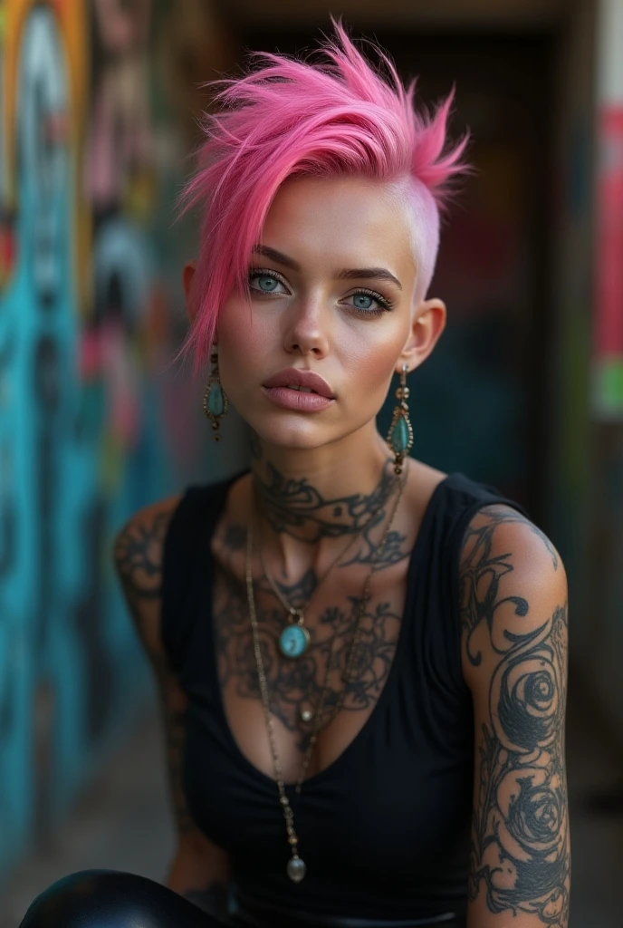 Chola woman with skin, halfshaved pixie haircut, dyed in green and pink, wearing black overalls with a white tank top and with tattoos on her arms and the neck