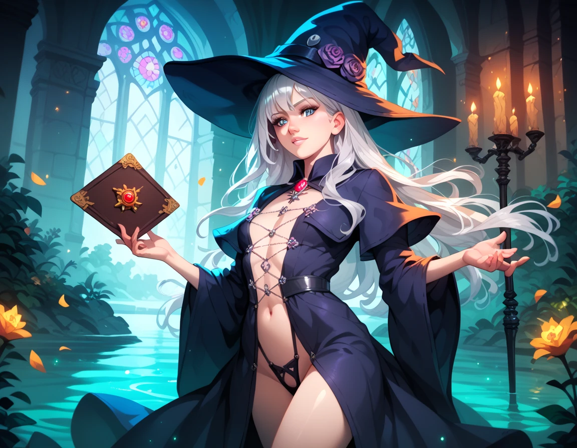 middle shot, Стиль cel-shading, Centered image, ultra detailed illustration (symmetry: 2.5), The Witch Girl, in a big witch's hat, (Notebook colors), Inkpunk, Ink lines, Strong outlines, Artist MSchiffer, Greasy traces, Frameless, High contrast, cel-затененный, Vector, 32K resolution, Best Quality, Amulet around the neck, A Revealing Body, handsome body.dark skin, A Revealing Body, handsome body, Small clothes, Average Breasts, Smooth Lines,
