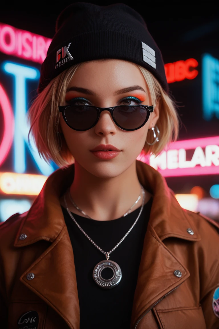 Face close up, alternative girl, watching over black sunglasses, jacket, necklace, neon light reflections on skin, ear ring, makeup, skin imperfection, short hair, beanie, neon lights background, low light, depth of field, highly detailed, high contrast, film grain, Rim Lighting, Long Exposure, DSLR